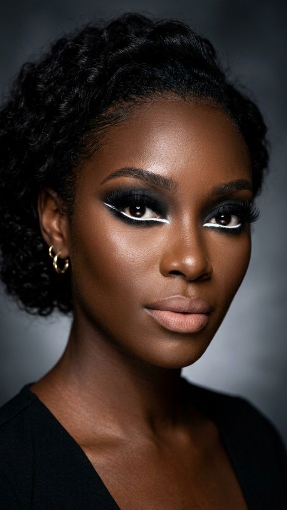 white liner waterline black smoky eye makeup Black woman high contrast dark skin inner corner editorial