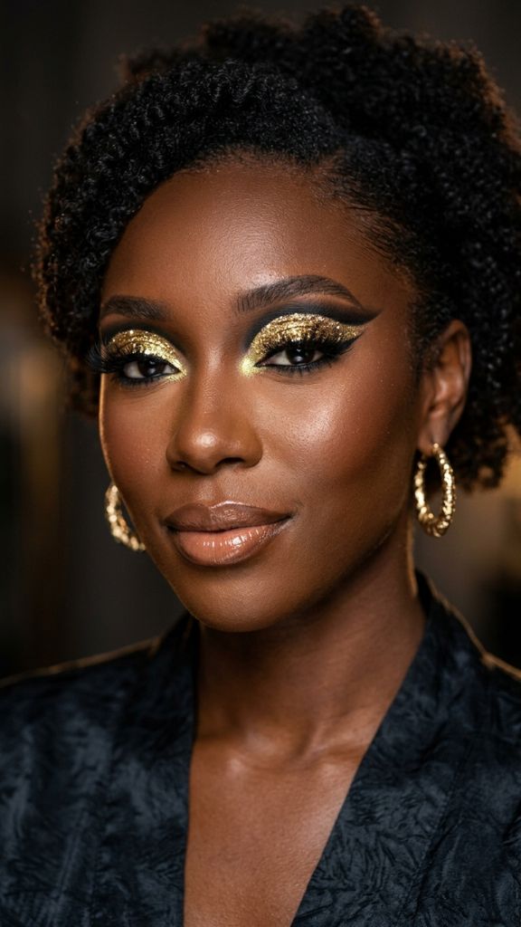 
glitter cut crease eye makeup Black woman gold chunky glitter matte black crease dark skin maximalist glamour