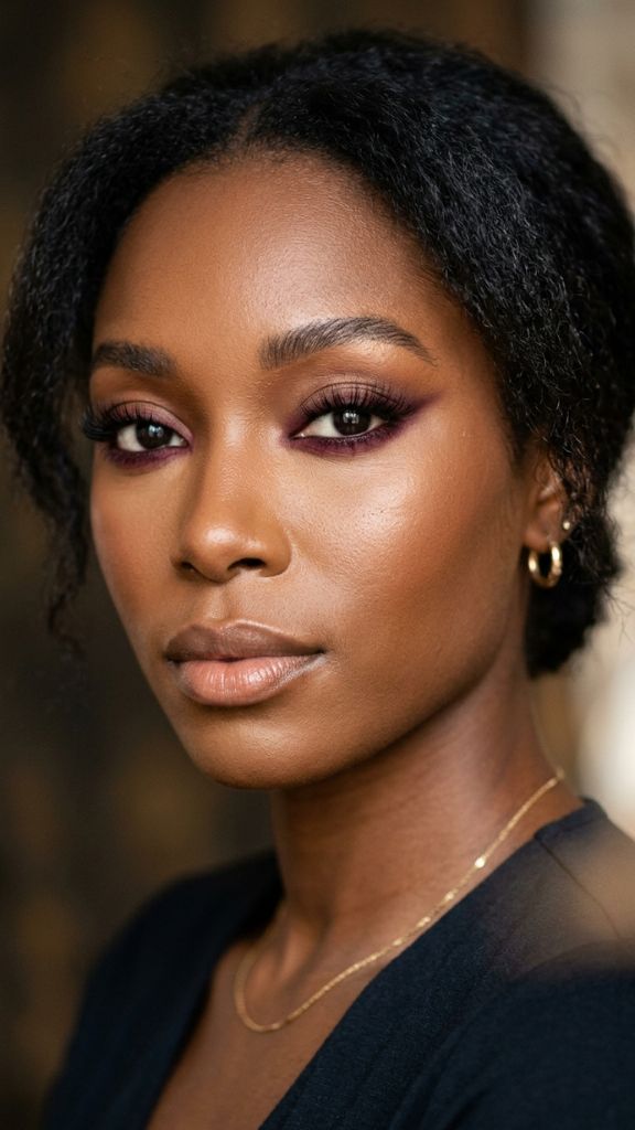 
smoked out burgundy liner eye makeup Black woman wine pencil diffused edges dark skin warm editorial