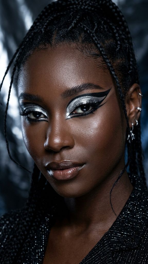 
graphic silver chrome black eye makeup Black woman futuristic metallic dark skin avant-garde editorial fierce