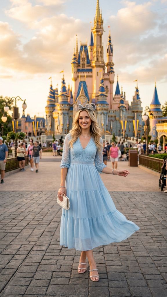 Cinderella Disneybound disney outfits for women ice blue midi dress silver accessories rhinestone sandals Magic Kingdom castle