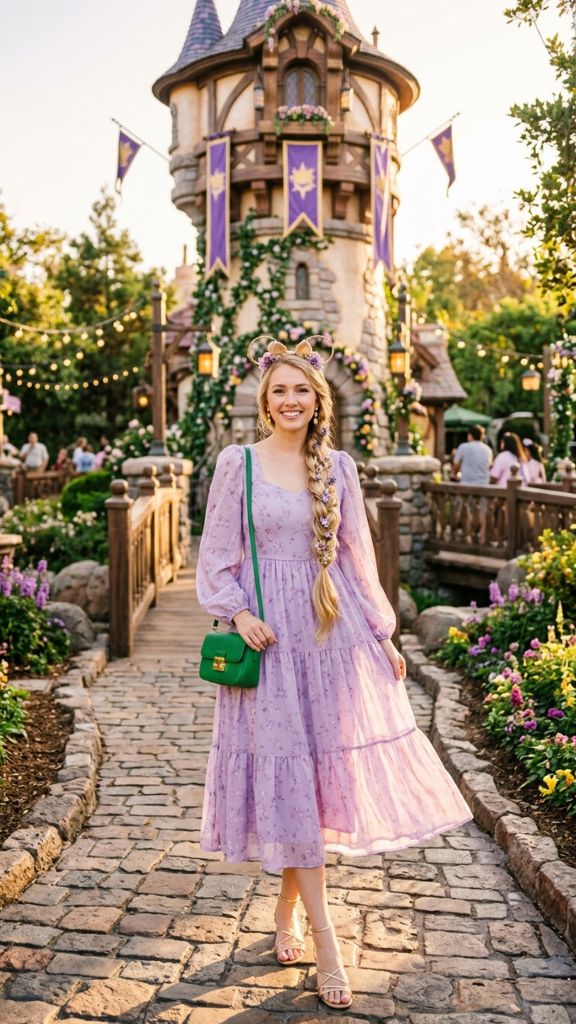 Rapunzel Disneybound outfit women lavender midi dress gold accessories blonde braid purple flowers Disney park Tangled