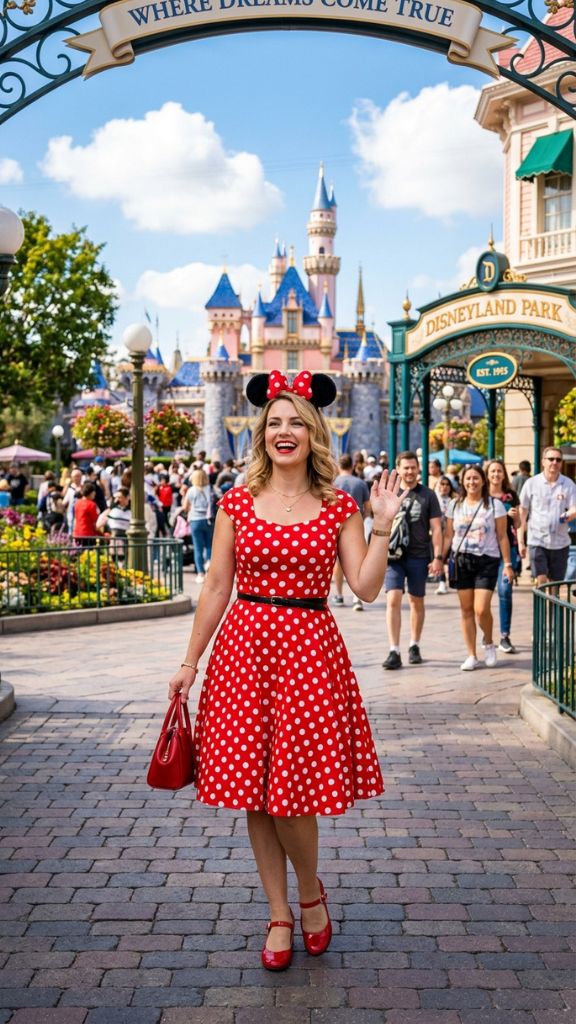 Minnie Mouse outfit women Disney park polka dot dress red bow ear headband Mary Jane shoes classic