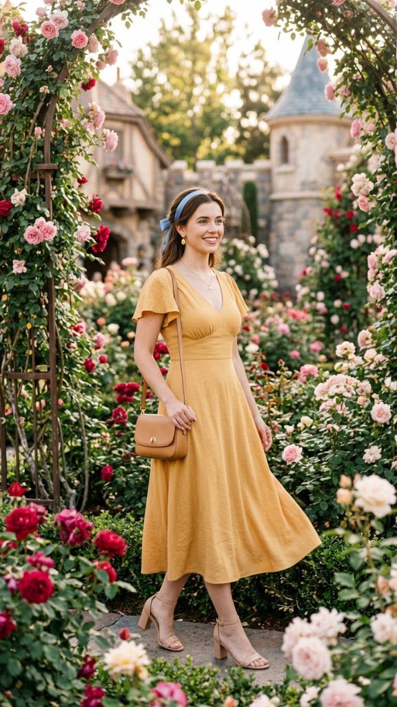 Belle Disneybound outfit women golden yellow midi dress blue ribbon headband gold accessories Disney park