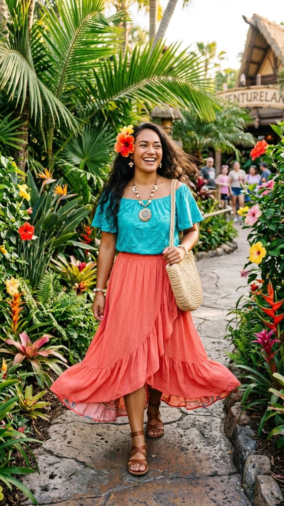 Moana Disneybound outfit women coral maxi skirt turquoise top shell necklace hibiscus flower Disney park tropical