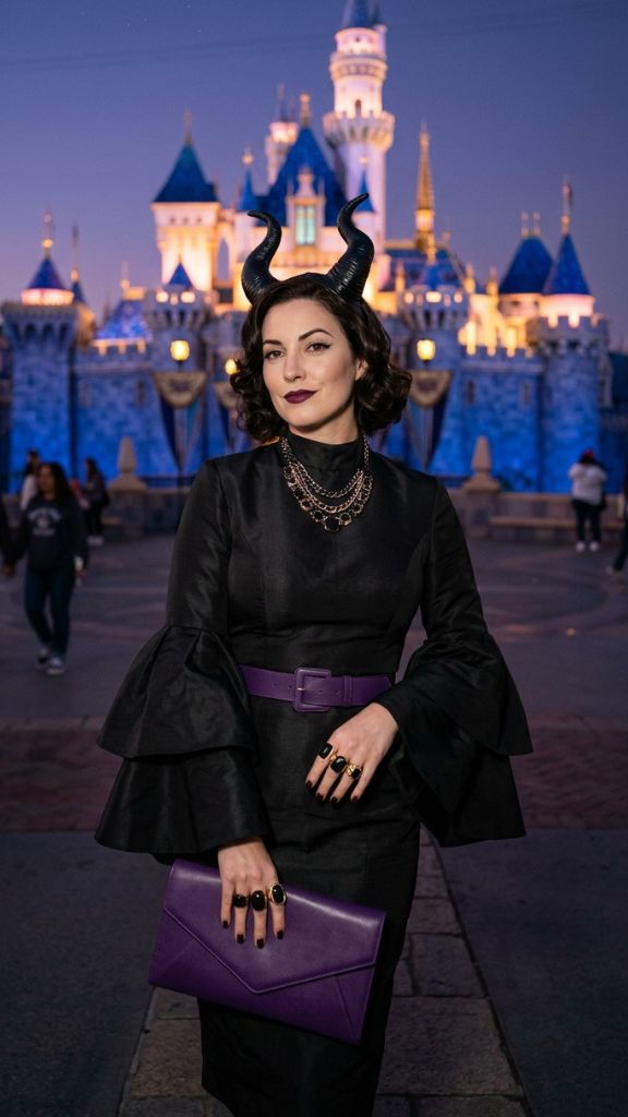 Maleficent villain Disney outfit women black dress purple accessories horn headband dark glamour park dusk