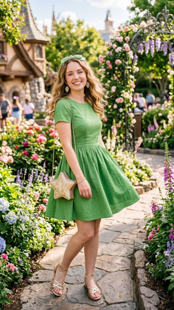 Tinker Bell Disney outfit women leaf green mini dress gold accessories star bag green headband fairy park