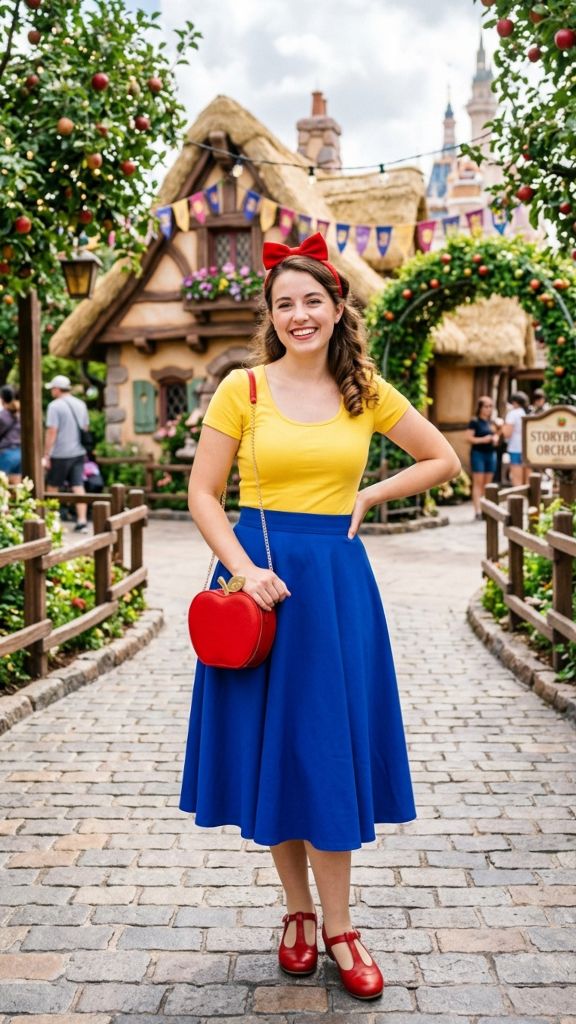 Snow White Disneybound outfit women cobalt blue skirt yellow top red bow headband apple bag Disney park