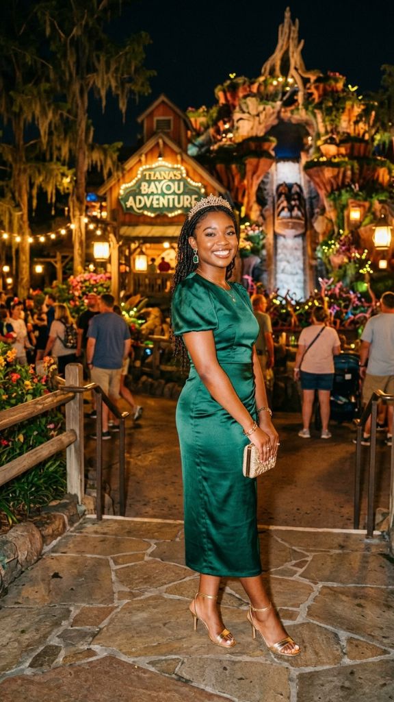 Tiana Disneybound outfit women emerald green satin dress gold tiara headband Disney park Bayou Adventure southern glamour