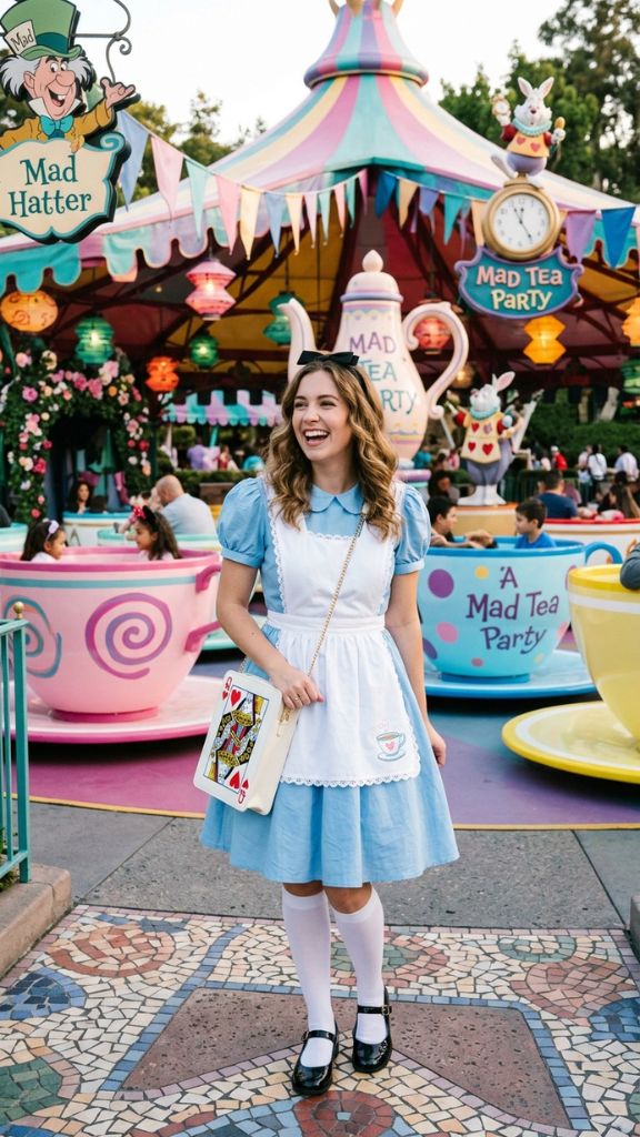 Alice Wonderland Disney outfit women powder blue dress white apron black bow headband Mary Jane shoes park