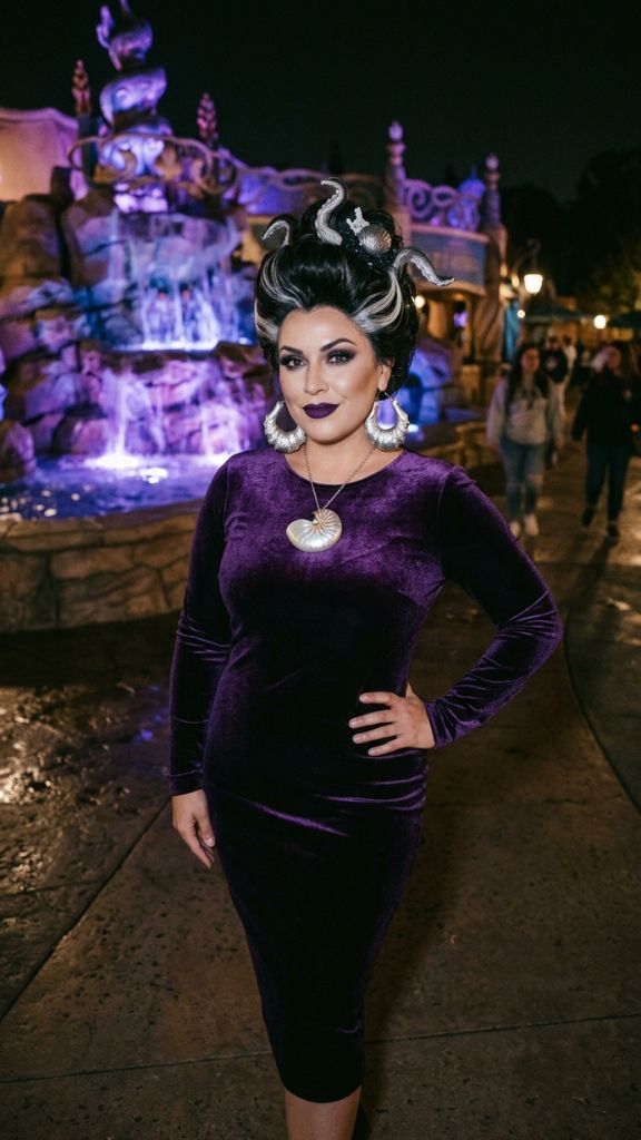 
Ursula villain Disney outfit women deep purple dress shell jewellery dark purple lips dramatic dark park night