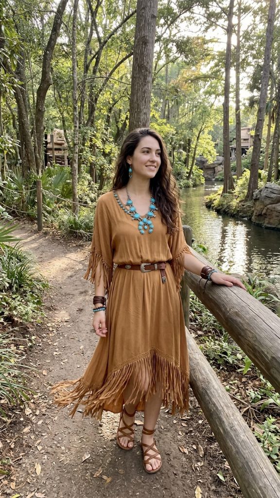 :
Pocahontas Disneybound outfit women fringed tan dress turquoise jewellery leather sandals dark hair nature trail Disney