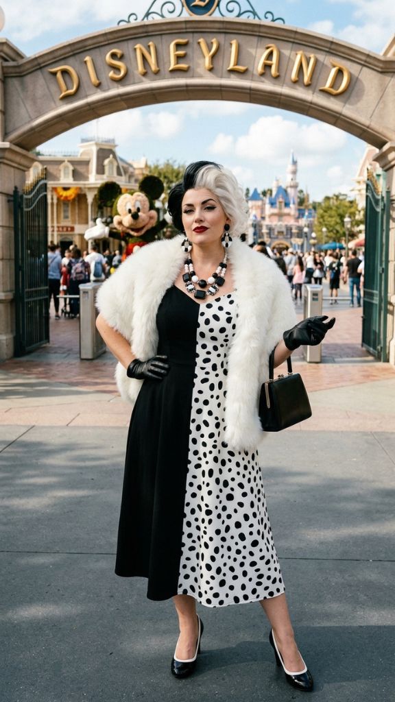 Cruella De Vil Disney outfit women black white split dress faux fur stole half hair red lips villain park