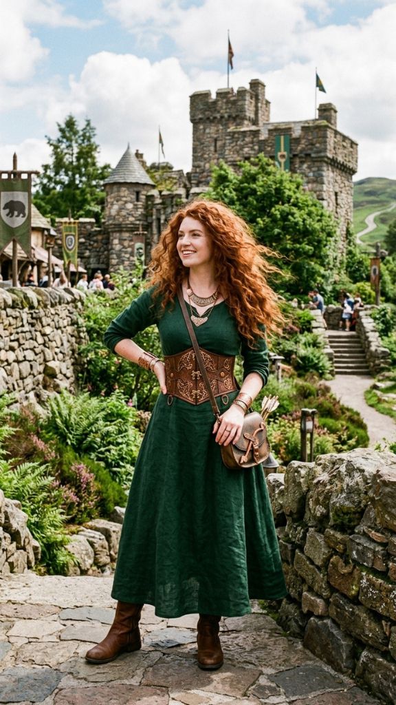 
Merida Brave Disney outfit women forest green dress copper accessories wild curly red hair bow arrow bag park