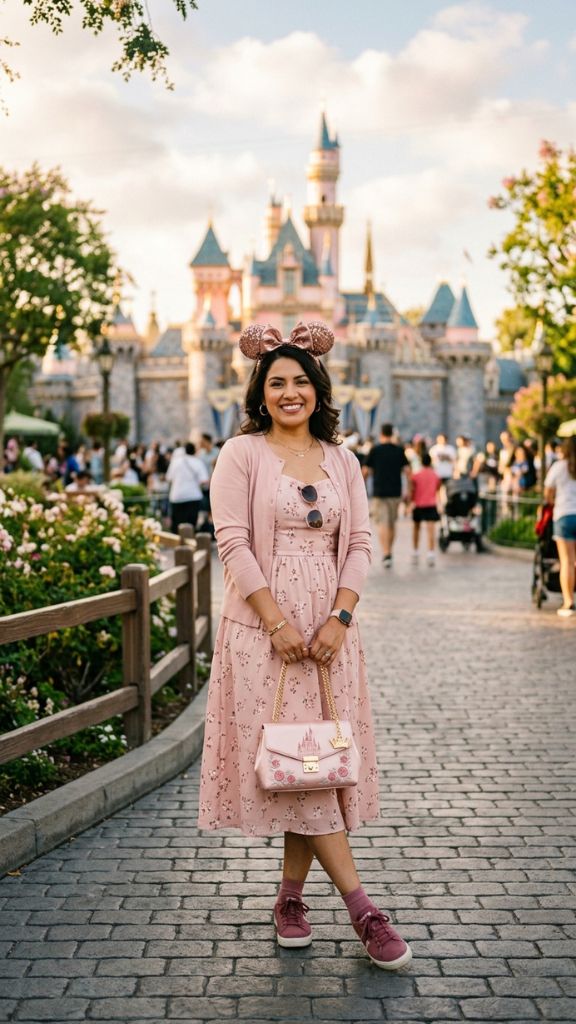 ney ears outfit women monochromatic blush pink dress rose gold sequin Mickey ears park castle background