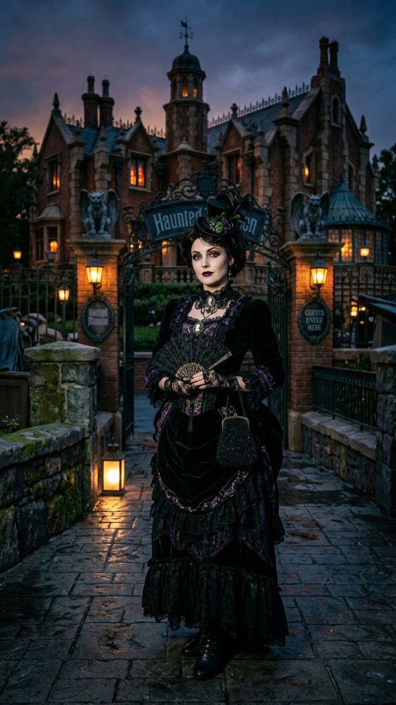 
Haunted Mansion outfit women black Victorian dress purple green accessories lace gloves top hat gothic Disney park