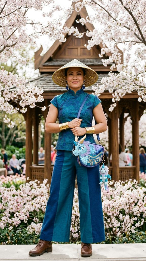 Raya Disneybound outfit women teal blue co-ord gold cuff bracelets conical hat boots warrior princess Disney park