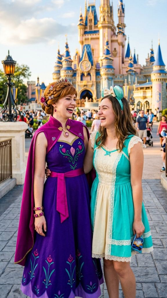 
matching Disney outfits women best friends Elsa Anna Disneybound ice blue purple dresses castle park joyful