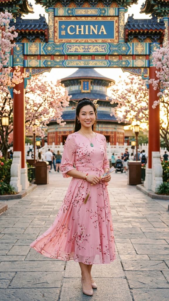 Mulan Disneybound outfit women cherry blossom pink dress gold hair pins jade pendant EPCOT China Pavilion