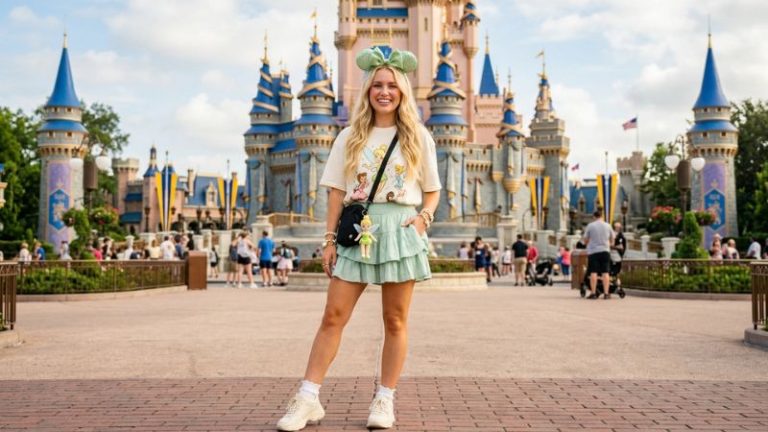 Disney outfits for women feature image Tinker Bell theme mint green ruffle skirt graphic tee green sequin ears Tinker Bell bag castle background Magic Kingdom