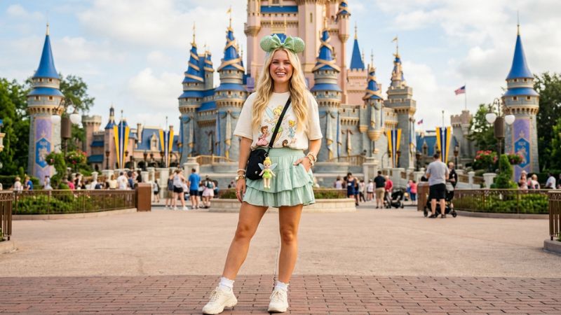 Disney outfits for women feature image Tinker Bell theme mint green ruffle skirt graphic tee green sequin ears Tinker Bell bag castle background Magic Kingdom