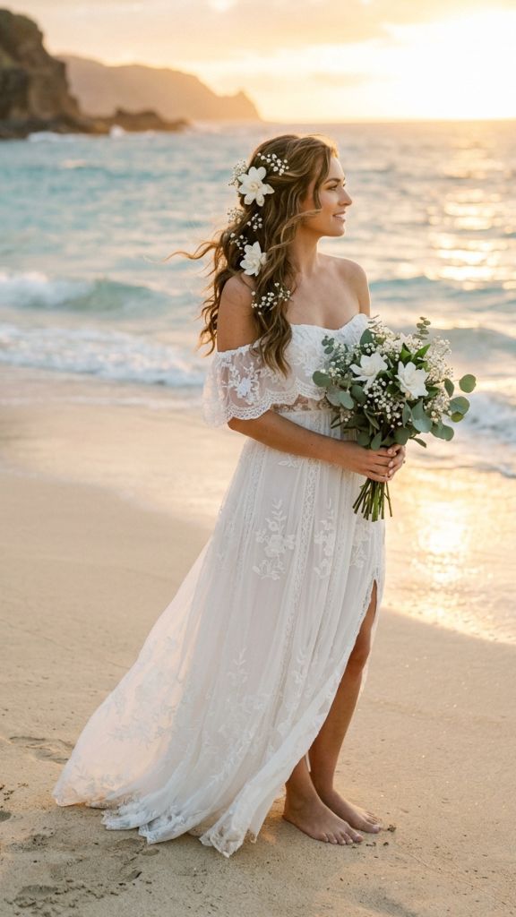 
romantic loose waves beach wedding hairstyle bride white gardenias golden hour ocean barefoot boho dress