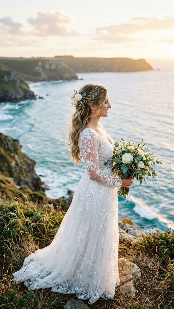 boho half up half down beach wedding hairstyle bride braids white roses eucalyptus flowing waves cliff ocean
