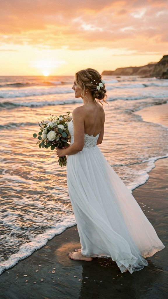 low chignon beach wedding hairstyle bride pearl pins white flowers strapless gown ocean sunset elegant