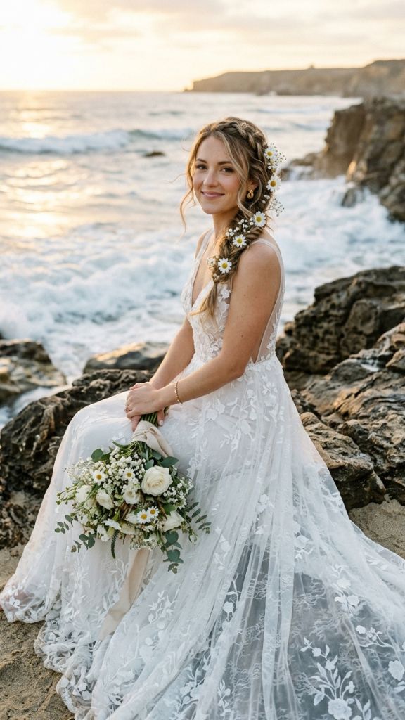 loose French braid beach wedding hairstyle bride white daisies baby's breath ocean rocks coastal bridal