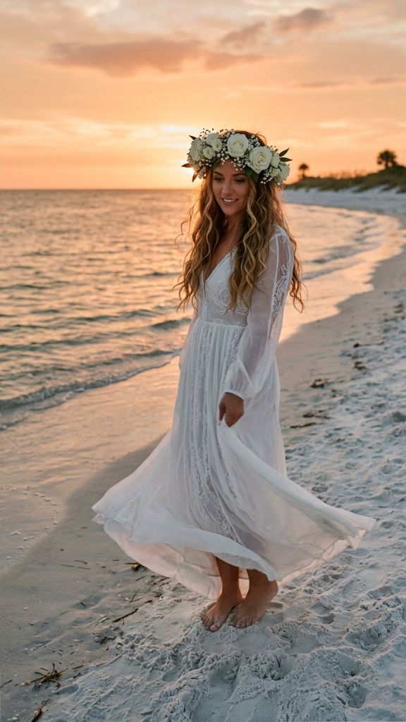 :
flower crown beach wedding hairstyle bride white roses gypsophila eucalyptus flowing waves barefoot golden hour