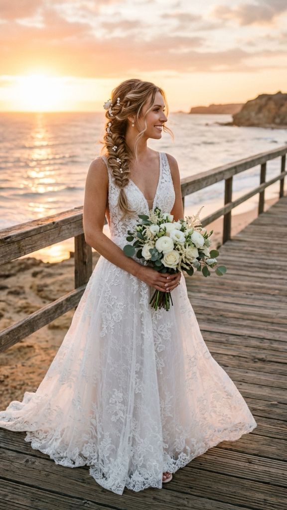 fishtail braid beach wedding hairstyle bride pearl pins white flowers shoulder pier sunset lace dress