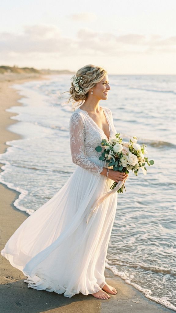 messy romantic updo beach wedding hairstyle bride white flowers escaping pieces flowing dress ocean water
