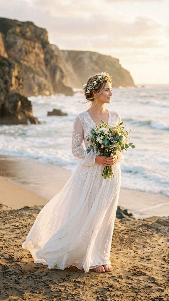 
crown braid beach wedding hairstyle bride jasmine baby's breath halo braid ocean cliffs golden light regal