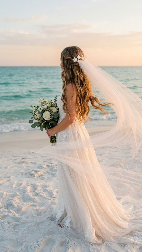
beach waves with veil wedding hairstyle bride cathedral veil ocean breeze white sand turquoise water golden light