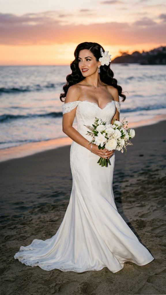 side swept waves beach wedding hairstyle bride white gardenia deep side part off-shoulder gown dusk glamorous
