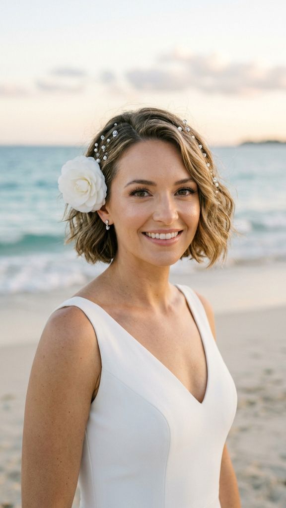 
short hair beach wedding hairstyle textured bob crystal pearl pins white camellia modern bride ocean