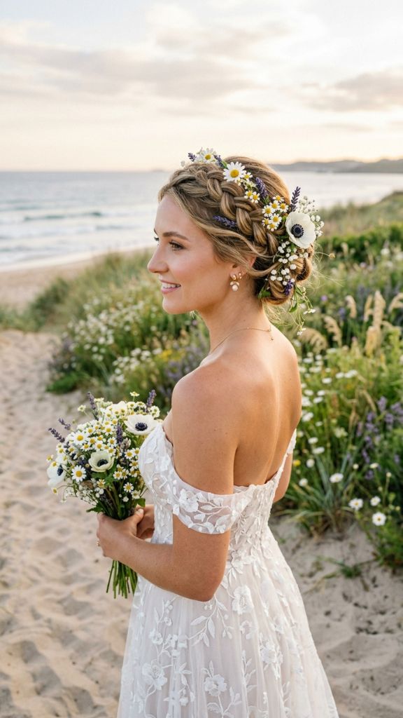 braided updo beach wedding hairstyle bride wildflowers daisies chamomile anemones bare shoulders ocean dunes