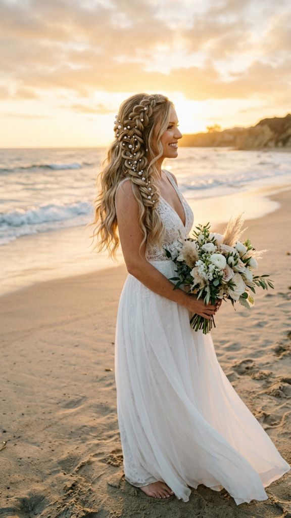 
waterfall braid beach wedding hairstyle bride pearl pins flowing waves ocean breaking romantic golden light