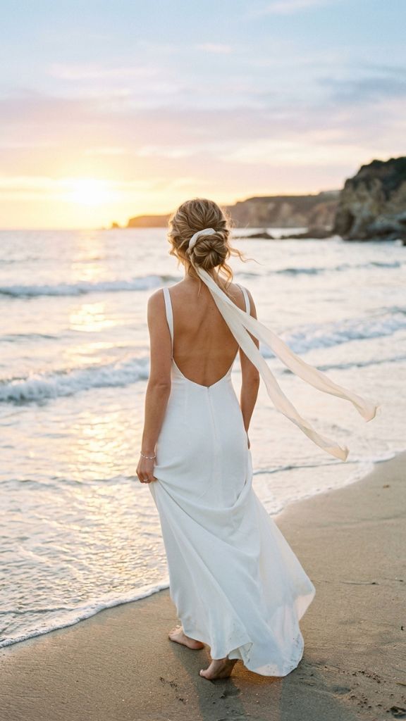 loose chignon ribbon beach wedding hairstyle bride ivory silk ribbon trailing breeze open back dress golden hour