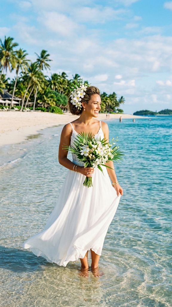 :
tropical beach wedding hairstyle bride white plumeria orchids updo turquoise ocean palm destination wedding