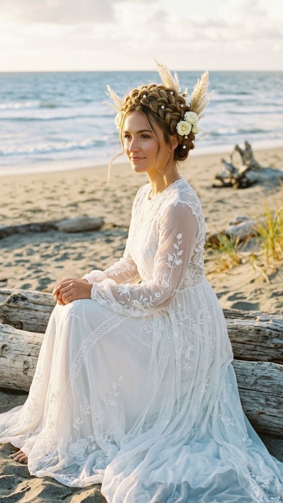 Dutch braid crown beach wedding hairstyle bride white roses pampas grass pearl pins boho ocean driftwood