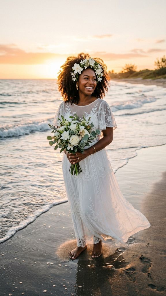 natural curls beach wedding hairstyle Black bride white gardenias jasmine full voluminous ocean golden hour