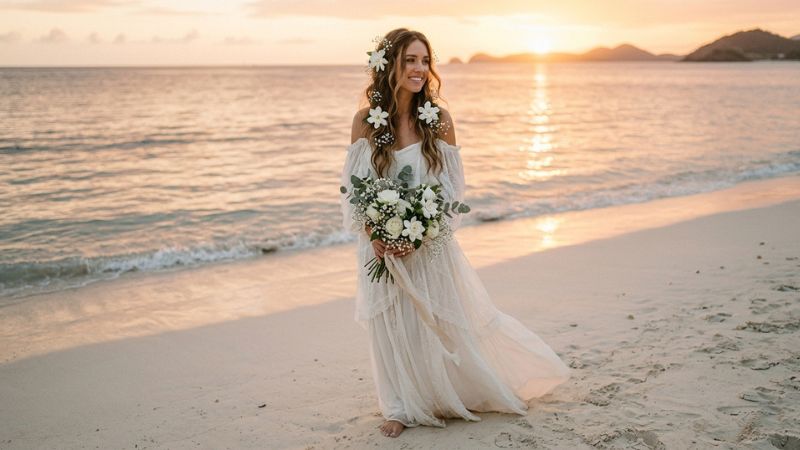 beach wedding hairstyles bride romantic waves white flowers golden hour ocean bridal editorial