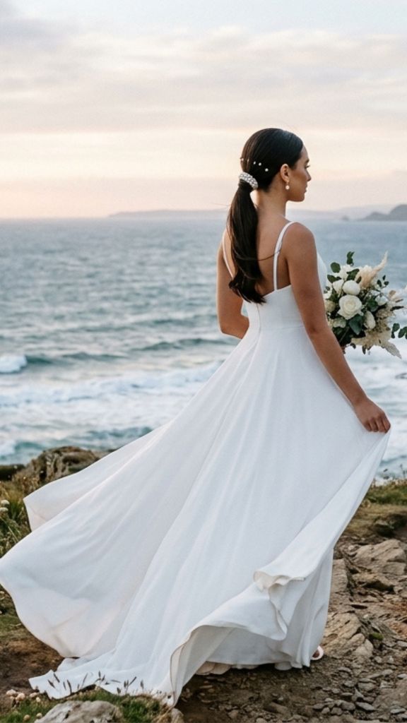 sleek low ponytail beach wedding hairstyle pearl band modern bride cliff ocean minimalist gown