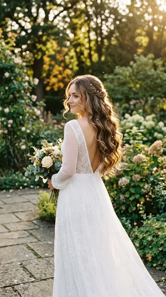 classic romantic waves wedding hairstyles for long hair bride pearl pins open back gown garden golden hour