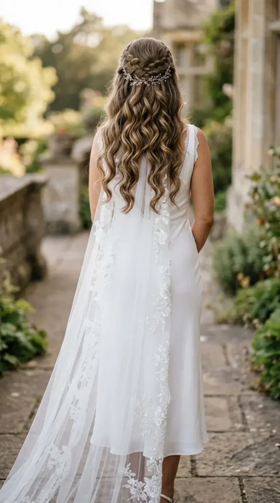 long hair with veil wedding hairstyle romantic waves cathedral veil bride elegant dress cathedral dramatic light