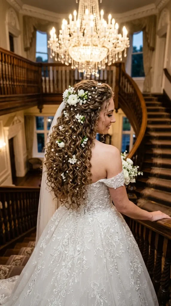 cascading curls long hair wedding hairstyle bride pearl pins white flowers ballgown grand staircase chandelier formal