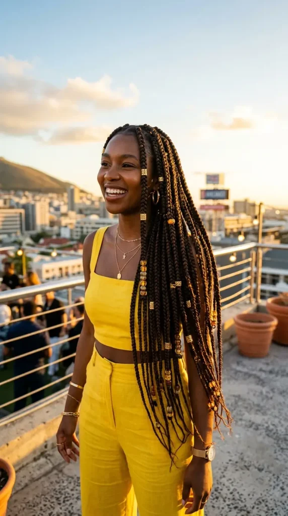 box braids summer hairstyle Black woman waist length gold cuffs amber beads rooftop city skyline yellow outfit