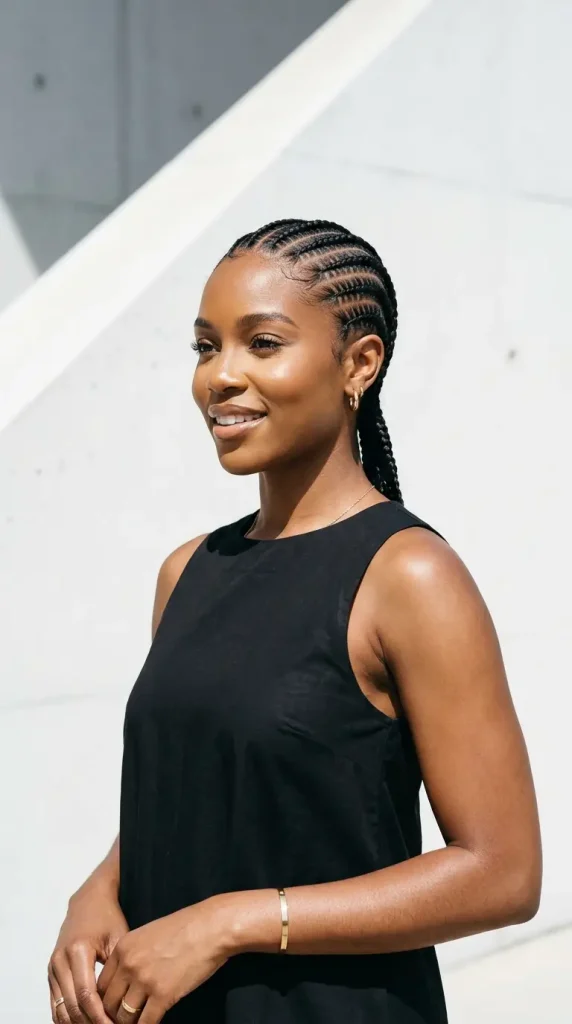 stitch braids summer hairstyle modern woman geometric parting straight rows black dress white wall sunshine editorial