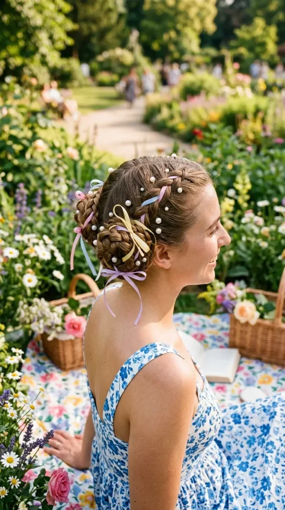 braided pigtail buns summer hairstyle cheerful woman pearl pins pastel ribbons sundress picnic park sunny